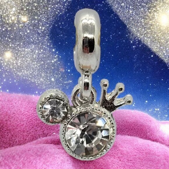 Mickey Mouse Ears Crown Hat Silver Zircon Bling Dangle Charm Pendant Bracelet - Picture 6 of 9
